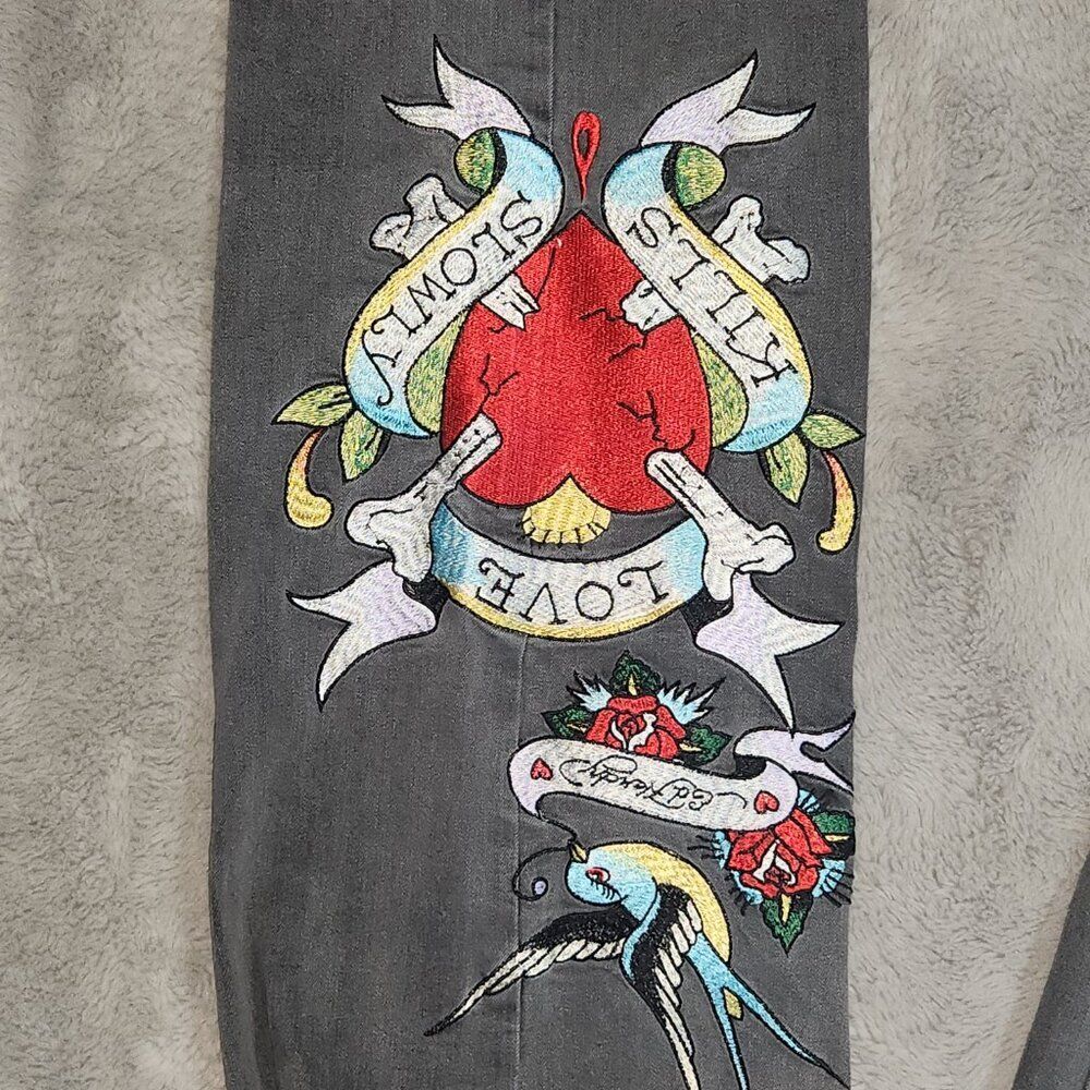 Grey Ed Hardy embroidered flare bootcut jeans Size 26 - Picture 2 of 5